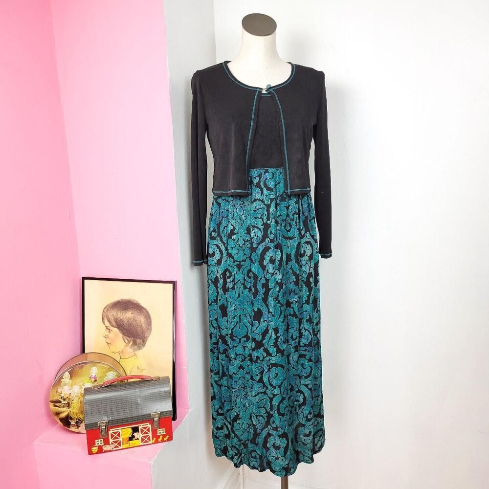 Vintage 90s Carole Little Black & Teal Printed Maxi Dress & Cardigan Set